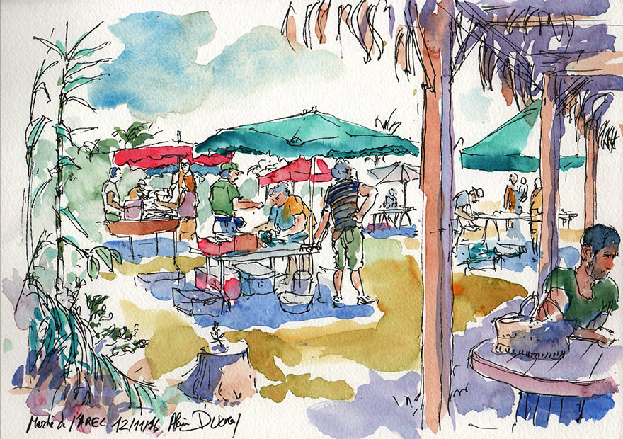 Croquis du marché de l'AREC, calendrier 2018, croquis aquarellés  Alain Ducros