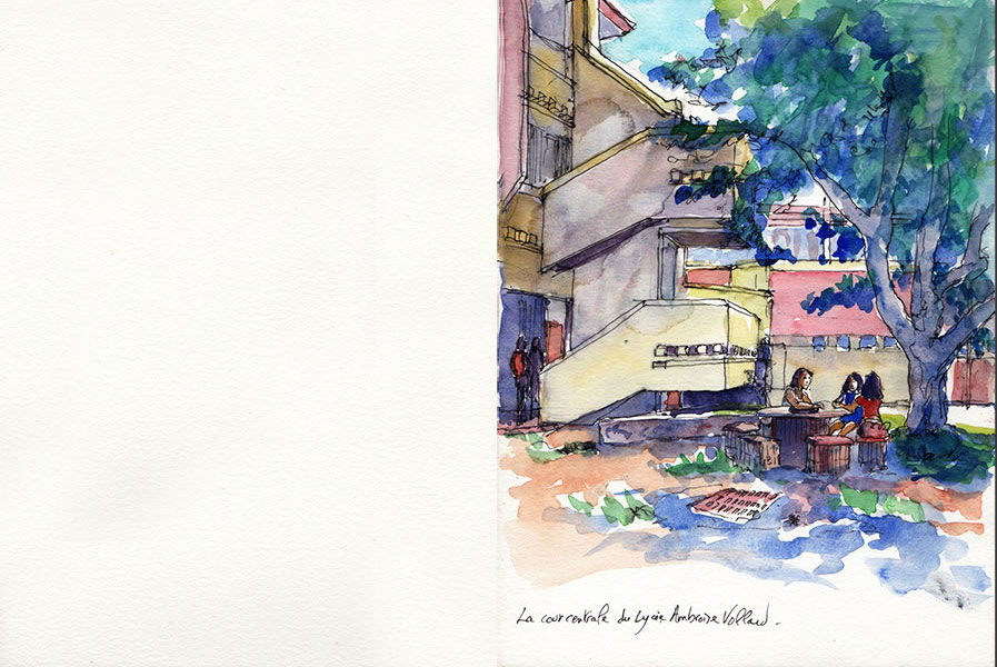 Carnet de voyage au lycée Ambroise Vollard, décembre 2015 , croquis aquarellés  Alain Ducros
