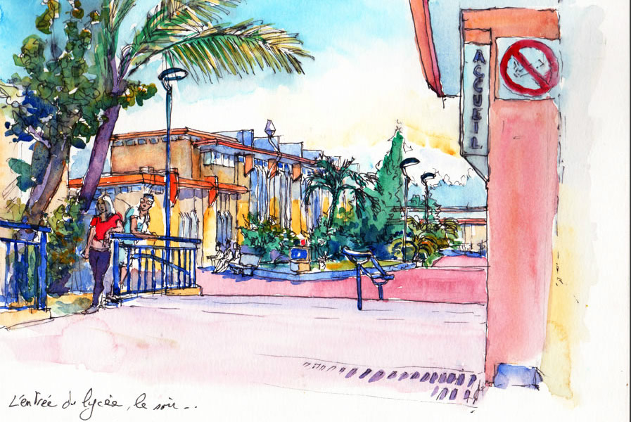 Carnet de voyage au lycée Ambroise Vollard, décembre 2015 , croquis aquarellés  Alain Ducros
